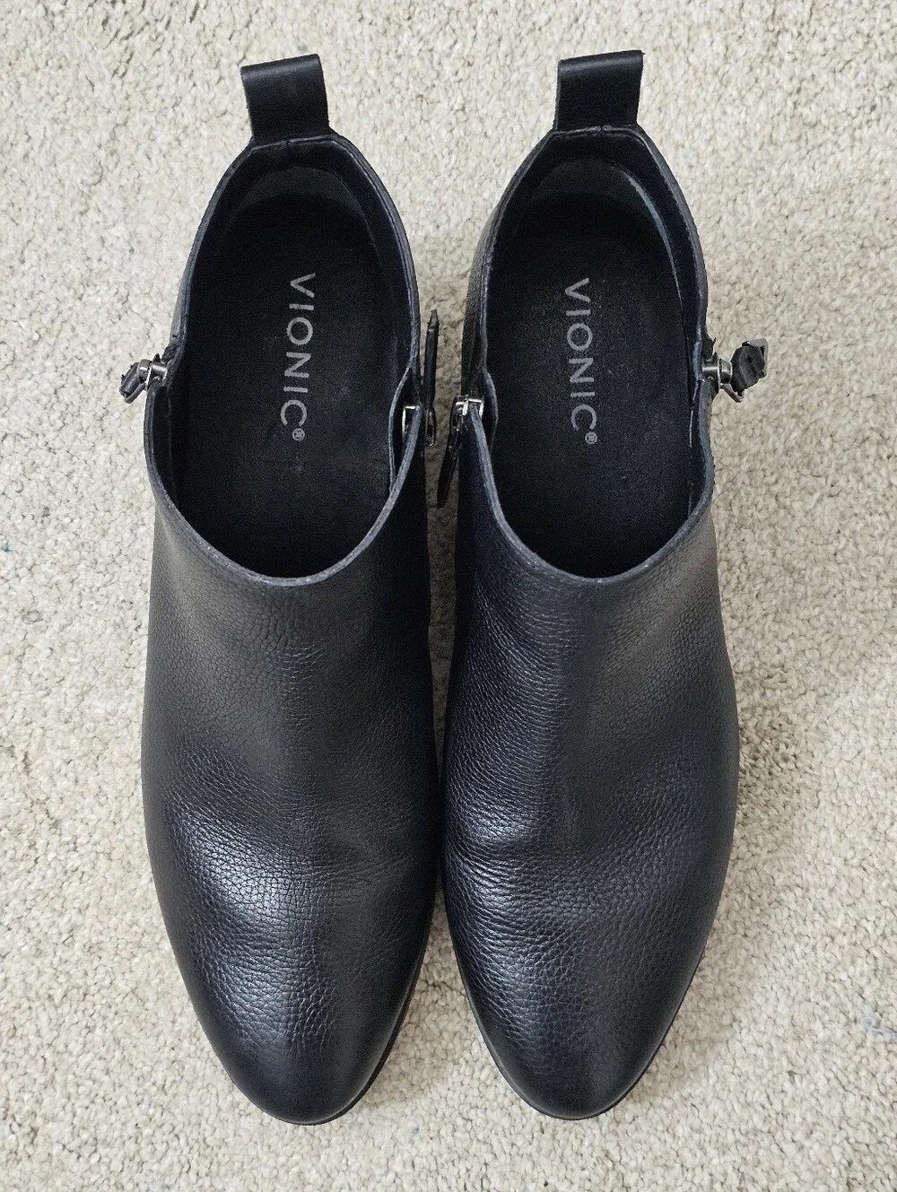 Vionic Cecily Black Leather Ankle Booties Zip Up Size 9.5